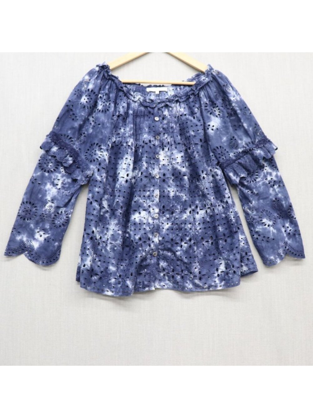 LoveShackFancy Pietro Blue Tie Dye Eyelet Cotton Tunic Blouse Large